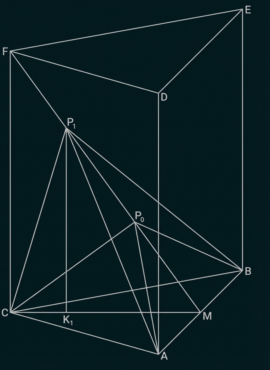 Geometrische Zeichnung mit Würfelstruktur, markierten Punkten (A–F, P0, P1, K1, M) und verbundenen Linien/Dreiecken